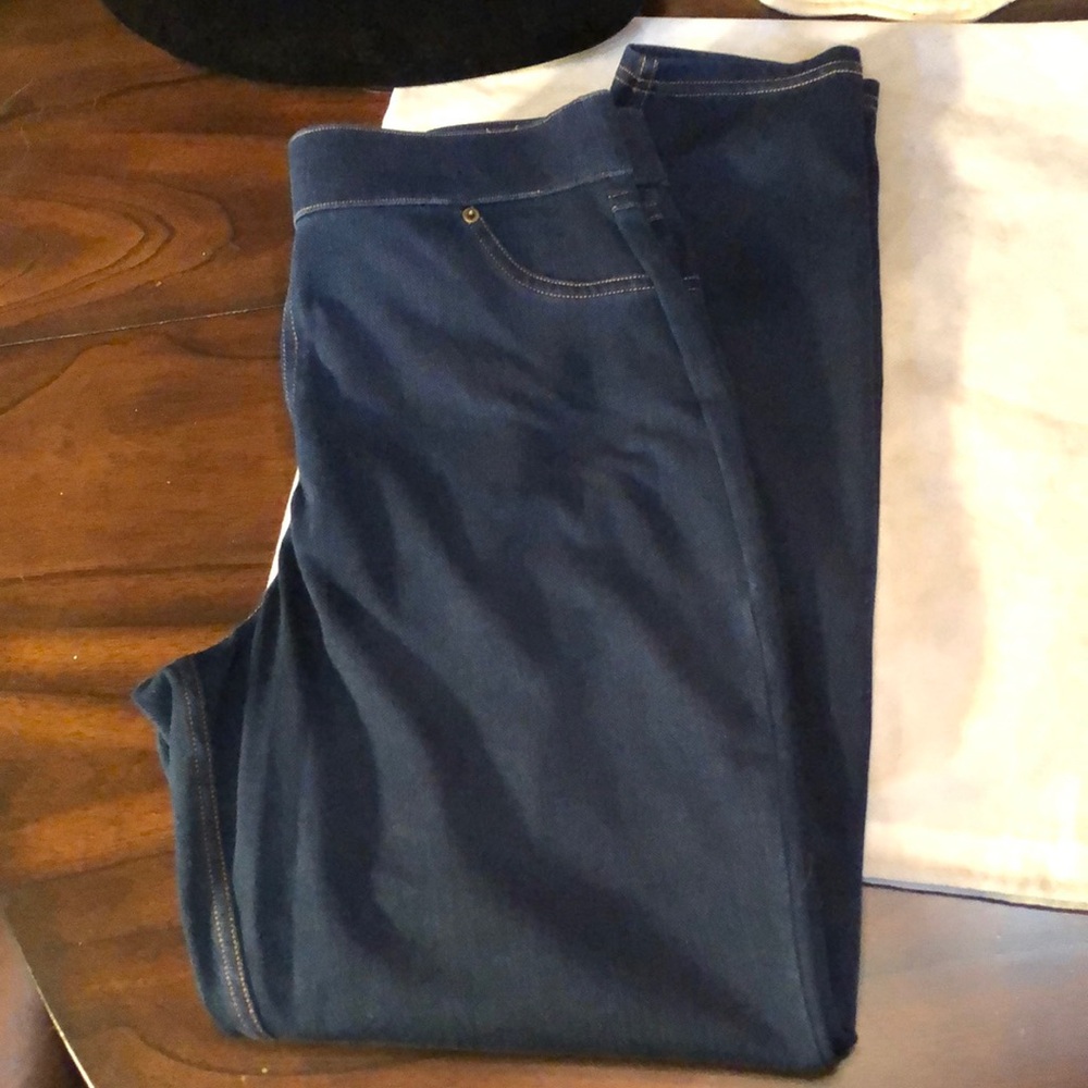 High waist soft stretchy denim look Jeggings back pockets faux fly metal detail